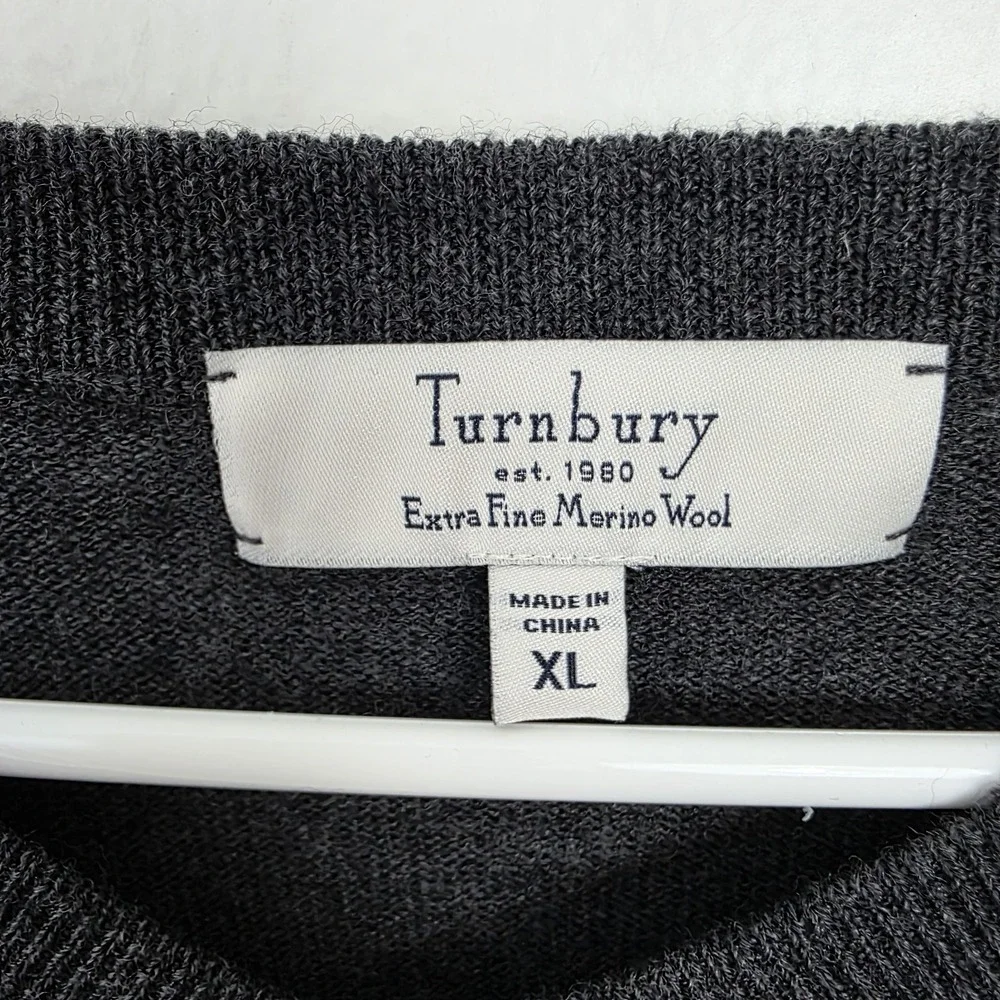 Turnbury Gray 100% Extra Fine‎ Merino Wool V-Neck Preppy Quiet Luxury Sweater XL